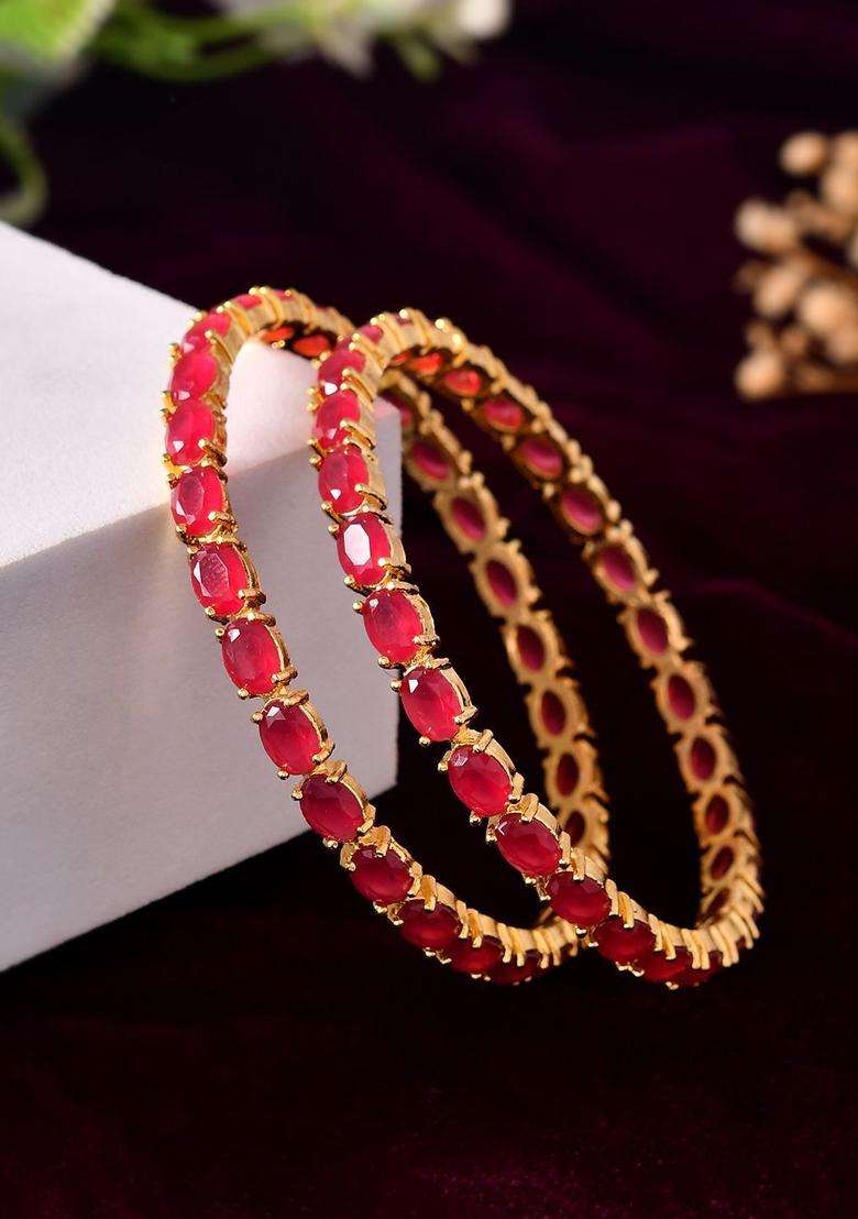 Set of 2 Gold-Plated Artificial Stones-Studded Bangles for Women | Traditional Temple Jewellery for Wedding & Festive Wear | Gift for Her - Indya
