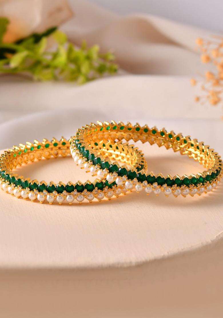 Gold-Plated Set of 2 Pearls Beaded Bangles for Women | Traditional Temple Jewellery for Wedding & Festive Wear | Gift for Her - Indya