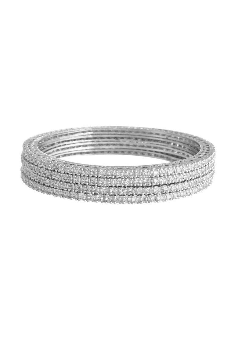 Set of 4 Silver-Plated American Diamond Stone Studded Bangles for Women | Stylish Party & Everyday Wear | Gift for Her - Indya