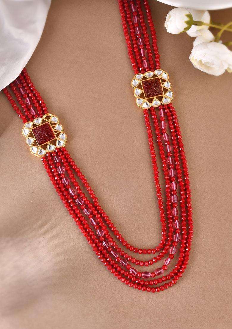 Red Gold-Plated Kundan-Studded Jewellery Set for Women | Traditional Temple Jewellery for Wedding & Festive Wear | Gift for Her - Indya