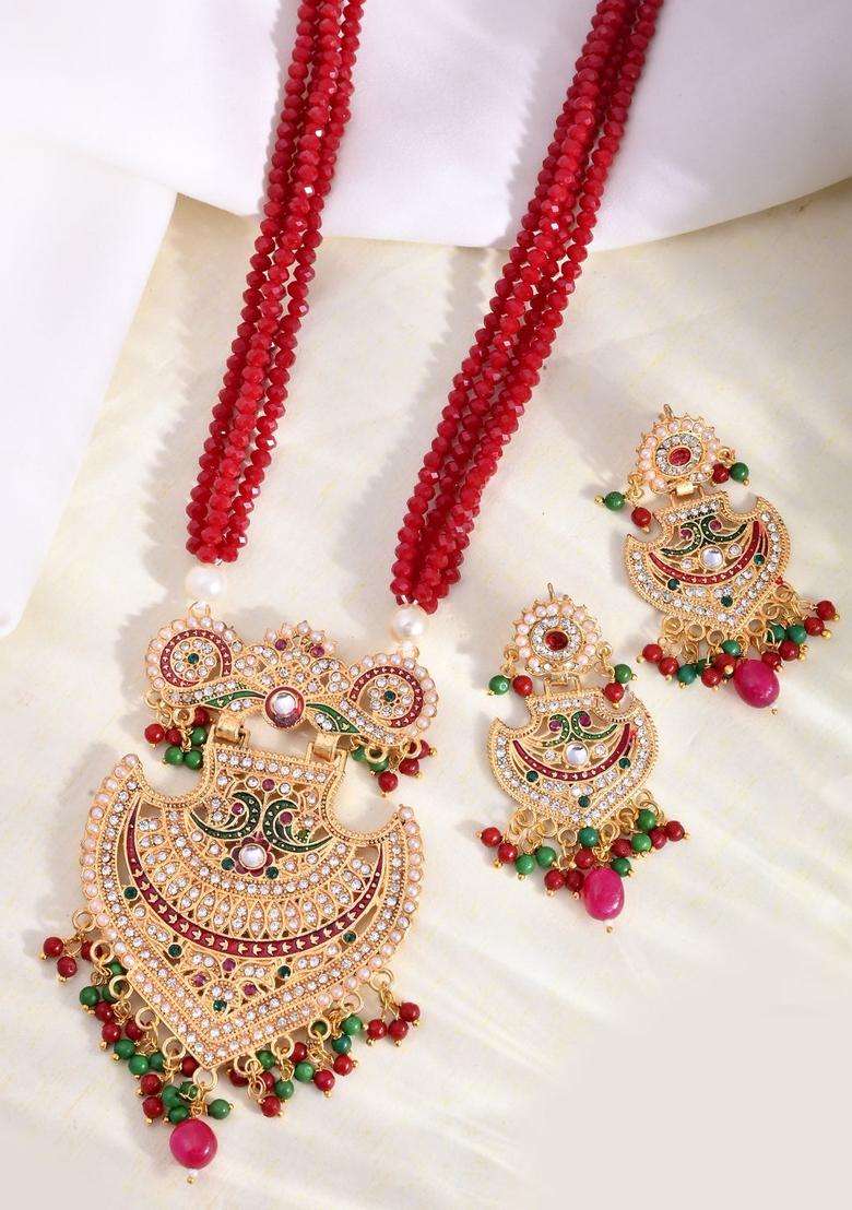 Gold-Plated Beaded Necklace Set Gold Pendant & Matching Earrings for Women | Traditional Temple Jewellery for Wedding & Festive Wear | Gift for Her - Indya