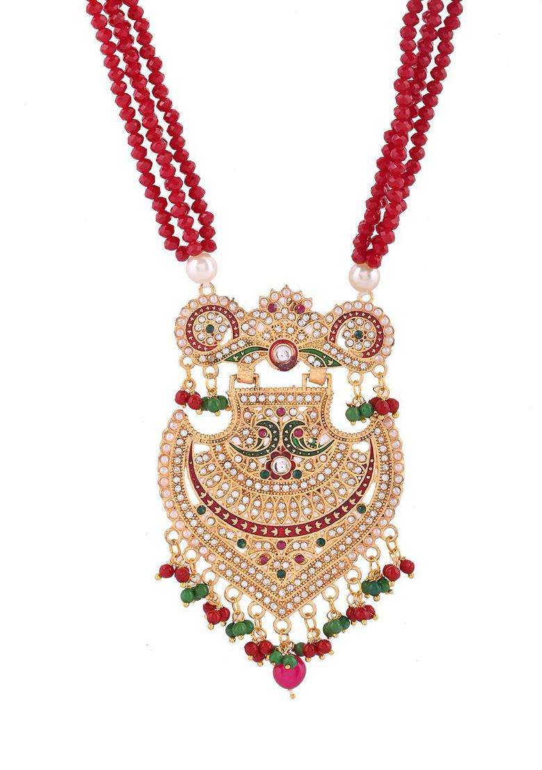 Gold-Plated Beaded Necklace Set Gold Pendant & Matching Earrings for Women | Traditional Temple Jewellery for Wedding & Festive Wear | Gift for Her - Indya