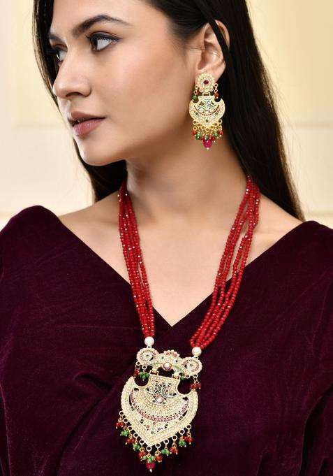 Gold-Plated Beaded Necklace Set Gold Pendant & Matching Earrings for Women | Traditional Temple Jewellery for Wedding & Festive Wear | Gift for Her