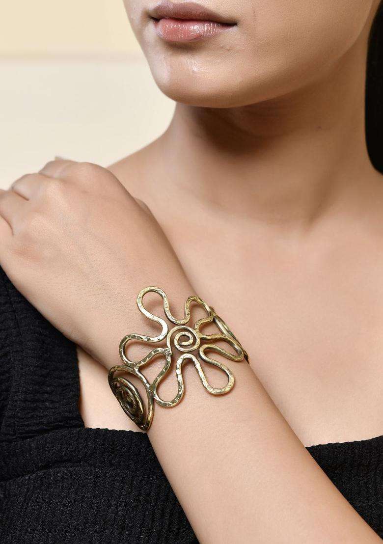 Brass Temple Gold-Plated Cuff Bracelet for Women | Stylish Party & Everyday Wear | Gift for Her - Indya