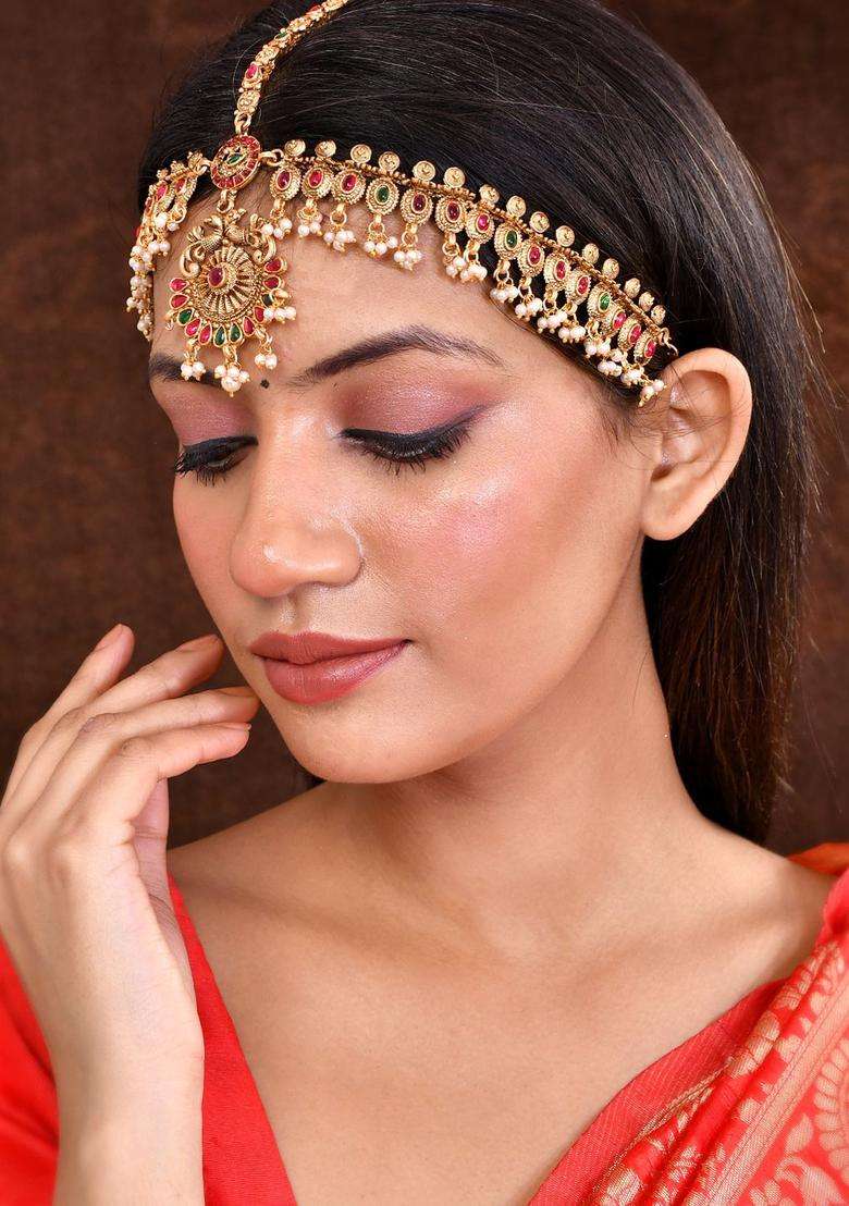 Gold-Plated Pearls Studded Matha Patti for Women | Traditional Temple Jewellery for Wedding & Festive Wear | Gift for Her - Indya