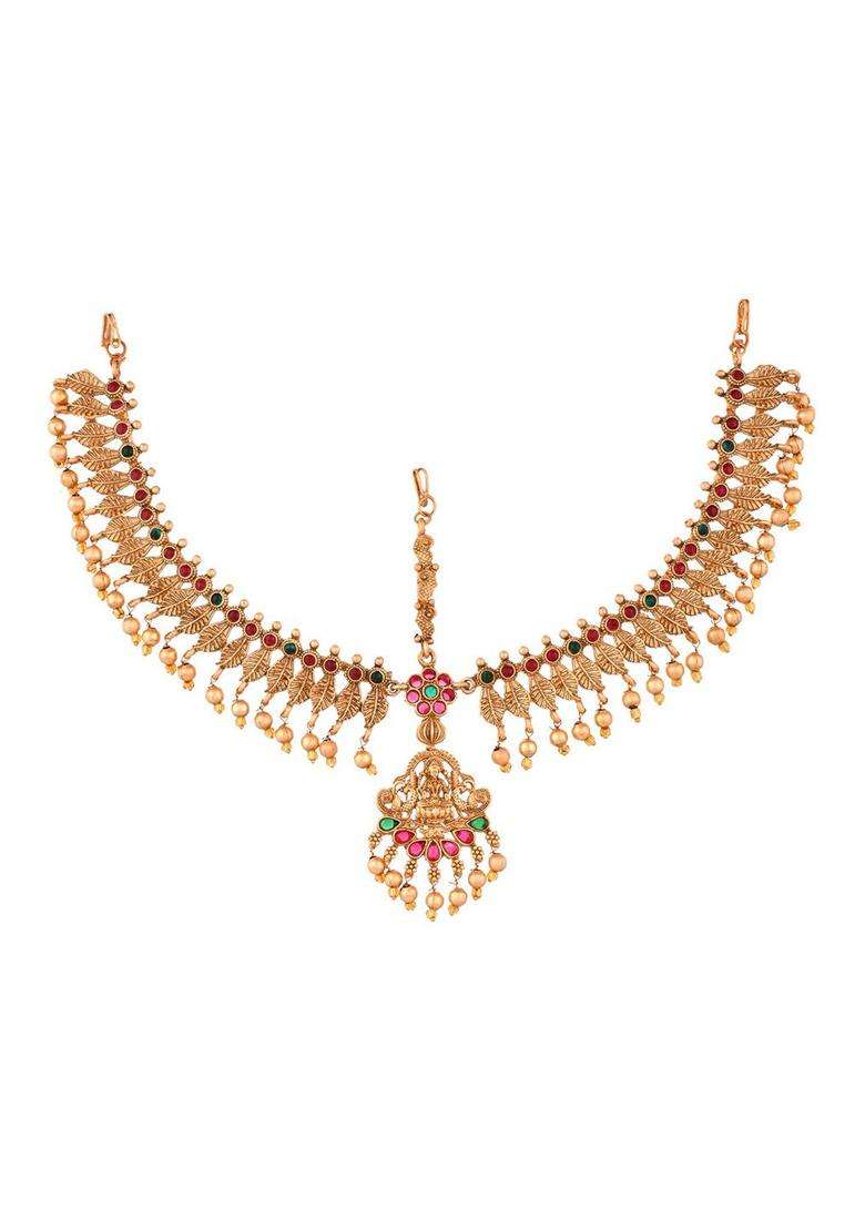 Gold-Plated Stone-Studded Beaded Matha Patti for Women | Traditional Temple Jewellery for Wedding & Festive Wear | Gift for Her - Indya