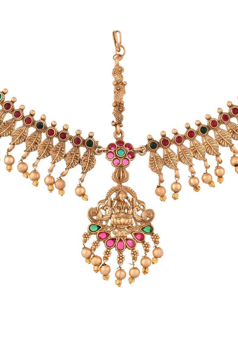 Gold-Plated Stone-Studded Beaded Matha Patti for Women | Traditional Temple Jewellery for Wedding & Festive Wear | Gift for Her - Indya