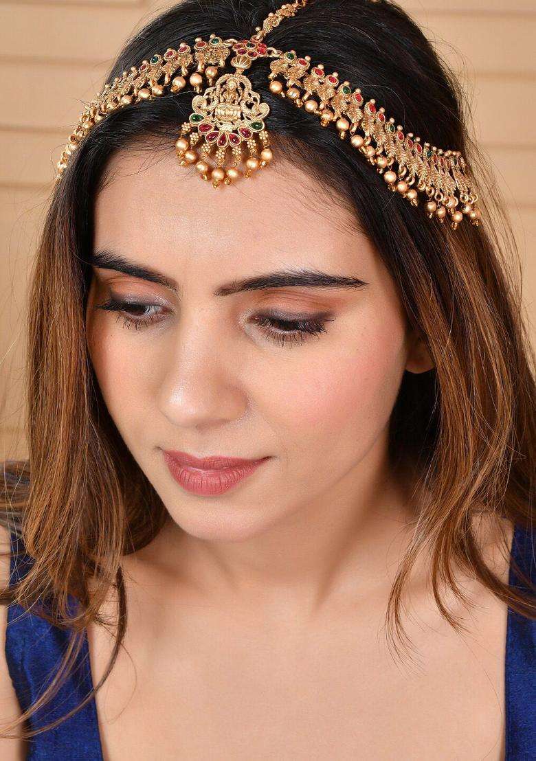 Gold-Plated Stone-Studded Beaded Matha Patti for Women | Traditional Temple Jewellery for Wedding & Festive Wear | Gift for Her - Indya