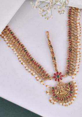 Gold-Plated Stone-Studded & Beaded Maang Tikka for Women | Traditional Temple Jewellery for Wedding & Festive Wear | Gift for Her
