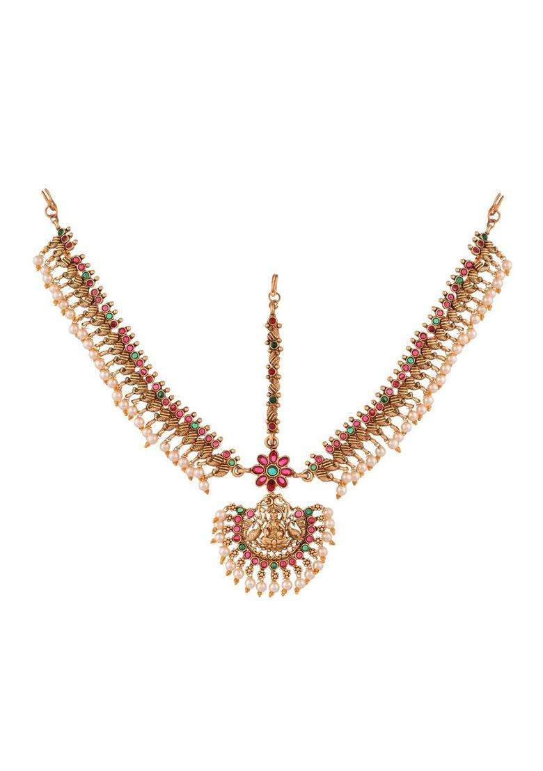 Gold-Plated Stone-Studded & Beaded Maang Tikka for Women | Traditional Temple Jewellery for Wedding & Festive Wear | Gift for Her - Indya