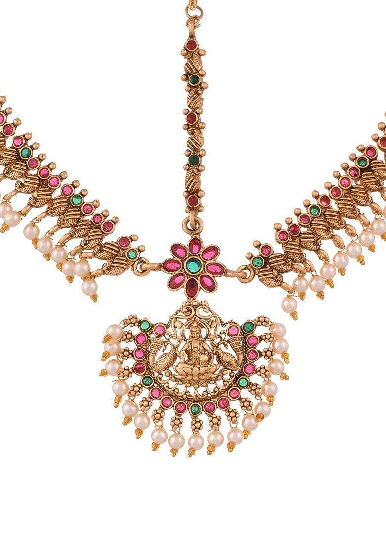 Gold-Plated Stone-Studded & Beaded Maang Tikka for Women | Traditional Temple Jewellery for Wedding & Festive Wear | Gift for Her - Indya
