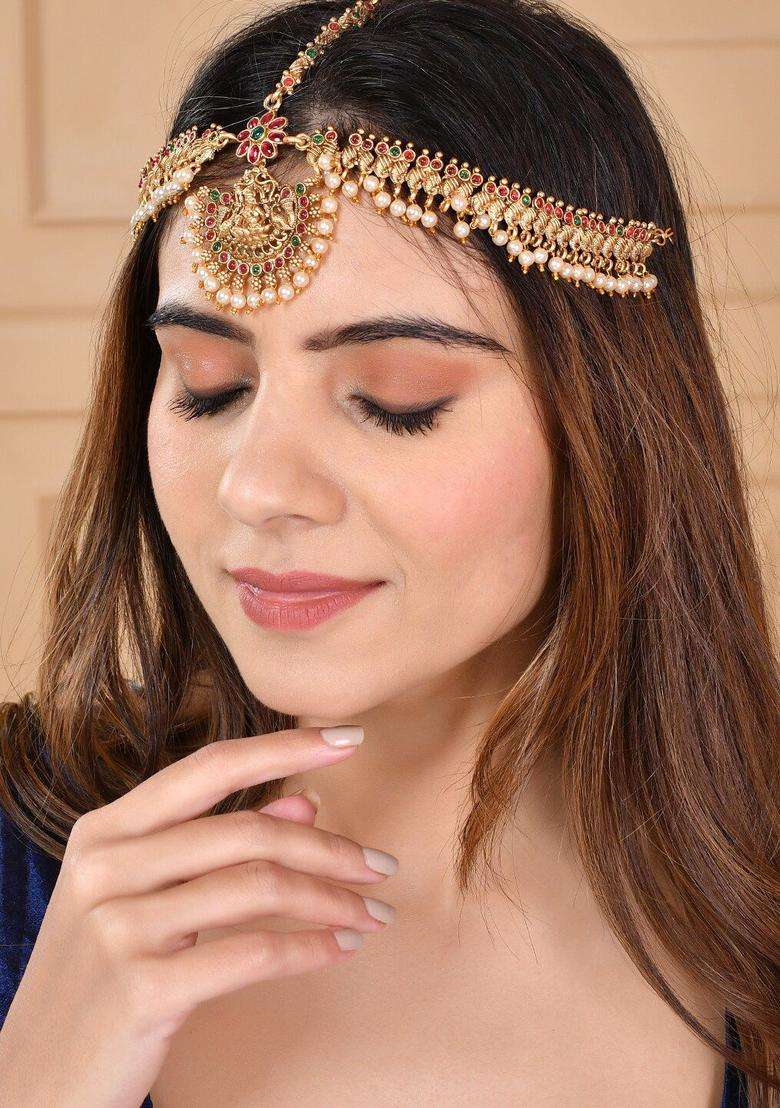 Gold-Plated Stone-Studded & Beaded Maang Tikka for Women | Traditional Temple Jewellery for Wedding & Festive Wear | Gift for Her - Indya