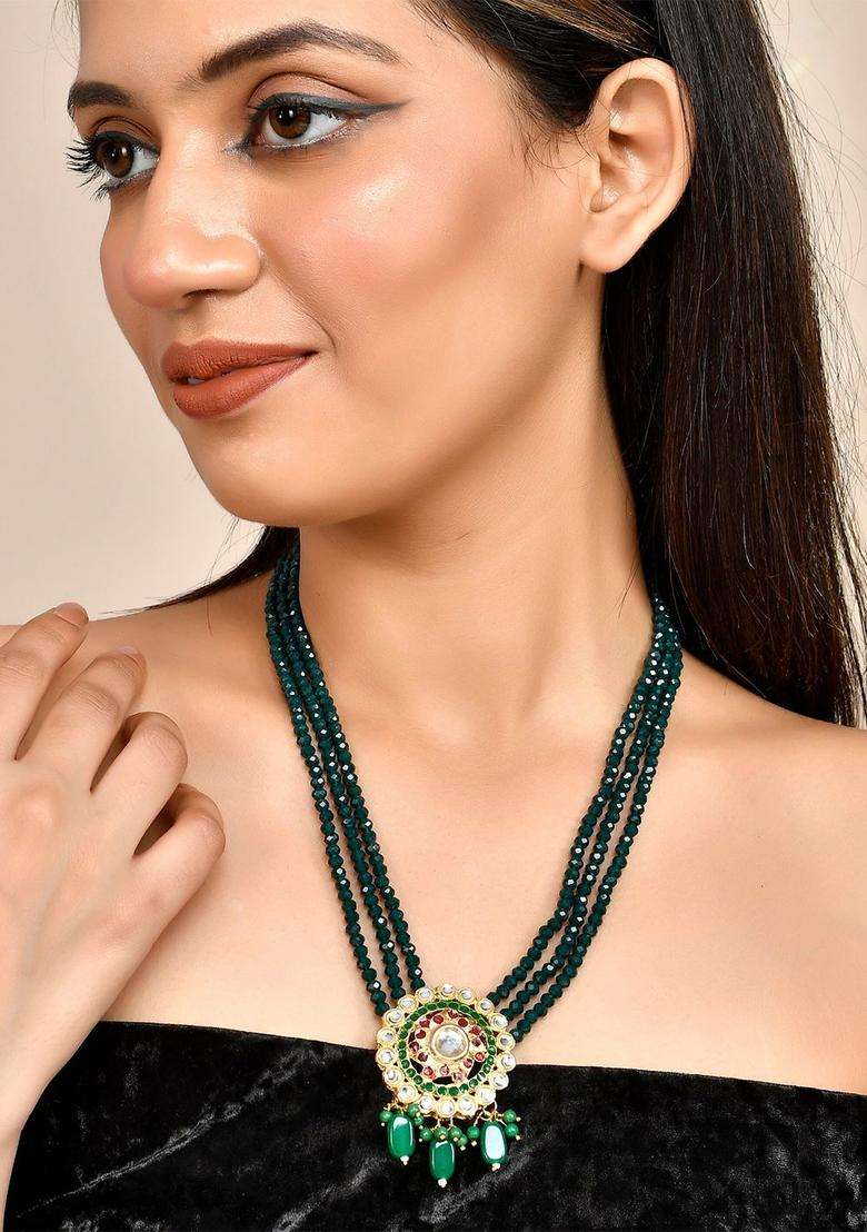 Gold-Plated Brass Layered Necklace with Kundan for Women | Traditional Temple Jewellery for Wedding & Festive Wear | Gift for Her - Indya