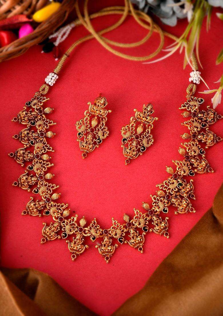 Gold-Plated Pink & Green Stone-Studded & Beaded Choker Jewellery Set for Women | Traditional Temple Jewellery for Wedding & Festive Wear | Gift for Her - Indya