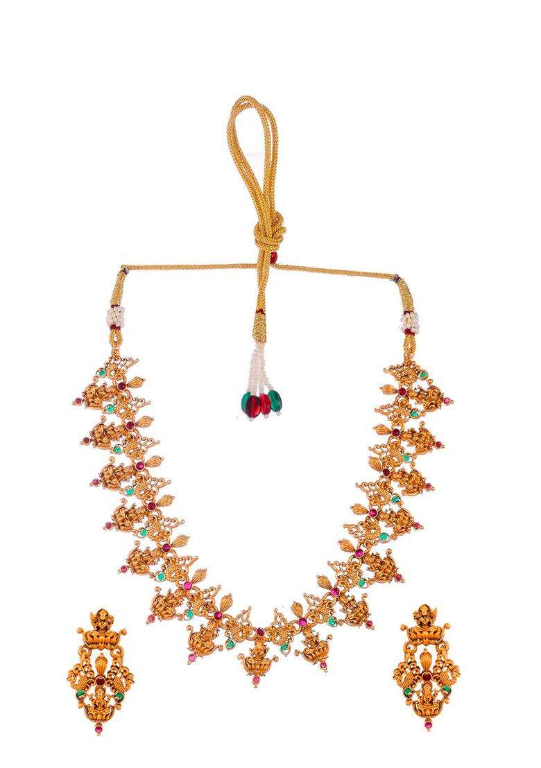 Gold-Plated Pink & Green Stone-Studded & Beaded Choker Jewellery Set for Women | Traditional Temple Jewellery for Wedding & Festive Wear | Gift for Her - Indya