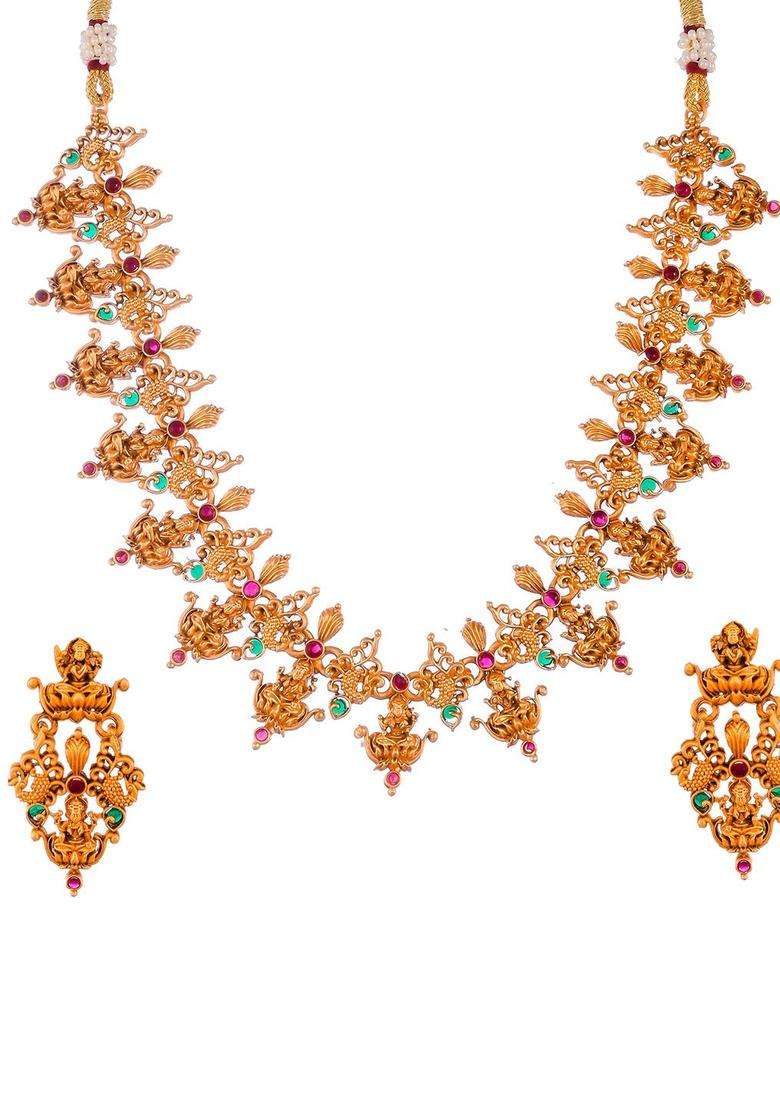 Gold-Plated Pink & Green Stone-Studded & Beaded Choker Jewellery Set for Women | Traditional Temple Jewellery for Wedding & Festive Wear | Gift for Her - Indya