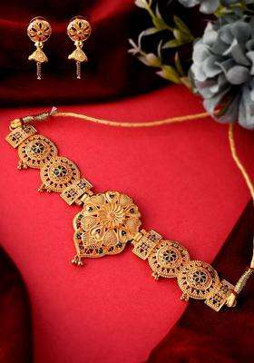 Gold-Plated Red & Green Stone Studded Temple Jewellery Set for Women | Traditional Temple Jewellery for Wedding & Festive Wear | Gift for Her