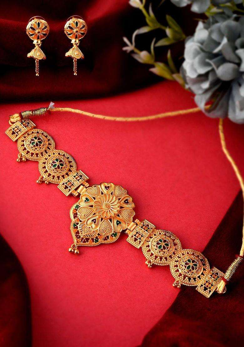 Gold-Plated Red & Green Stone Studded Temple Jewellery Set for Women | Traditional Temple Jewellery for Wedding & Festive Wear | Gift for Her - Indya