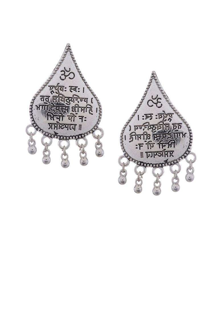 Silver-Plated & White Teardrop Shaped Drop Earrings for Women | Traditional Temple Jewellery for Wedding & Festive Wear | Gift for Her - Indya