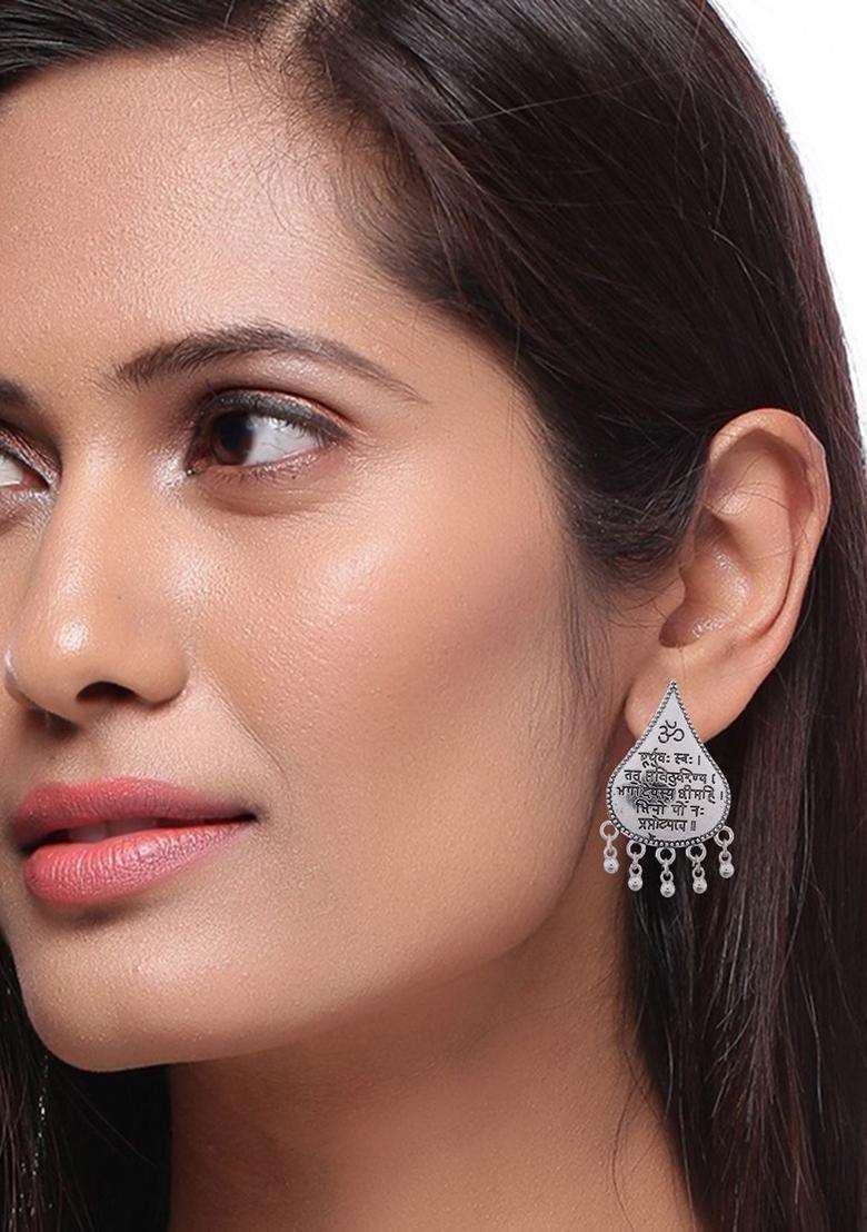 Silver-Plated & White Teardrop Shaped Drop Earrings for Women | Traditional Temple Jewellery for Wedding & Festive Wear | Gift for Her - Indya