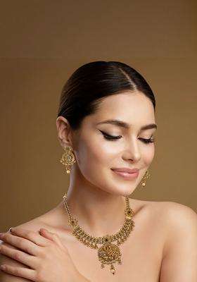 Gold-Plated Cubic Zircon Studded Temple Jewellery Set with CZ Stone for Women | Traditional Temple Jewellery for Wedding & Festive Wear | Gift for Her
