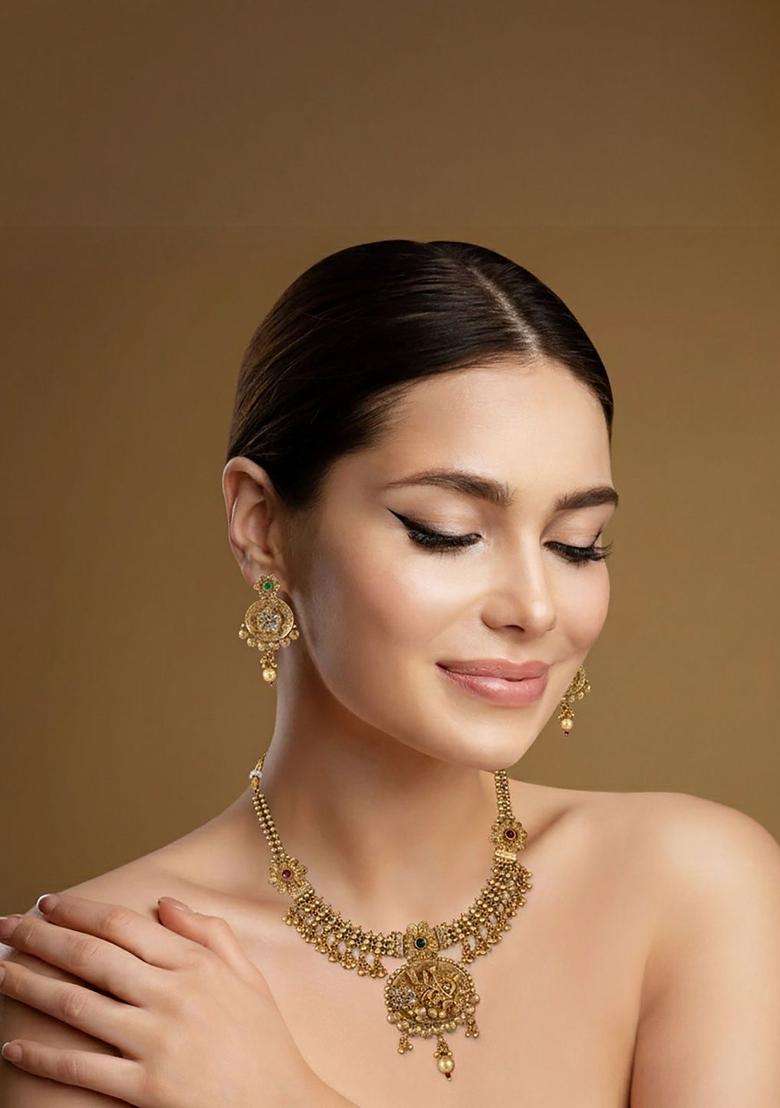 Gold-Plated Cubic Zircon Studded Temple Jewellery Set with CZ Stone for Women | Traditional Temple Jewellery for Wedding & Festive Wear | Gift for Her - Indya