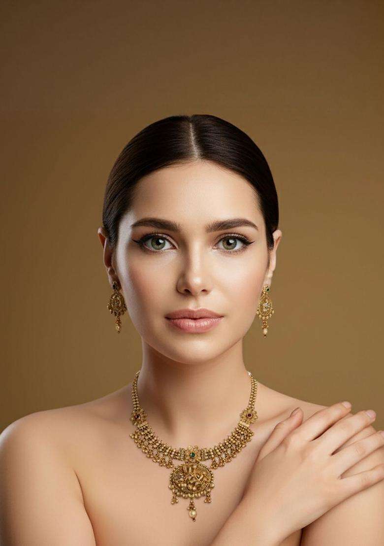 Gold-Plated Cubic Zircon Studded Temple Jewellery Set with CZ Stone for Women | Traditional Temple Jewellery for Wedding & Festive Wear | Gift for Her - Indya