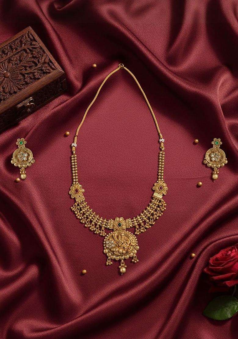 Gold-Plated Cubic Zircon Studded Temple Jewellery Set with CZ Stone for Women | Traditional Temple Jewellery for Wedding & Festive Wear | Gift for Her - Indya