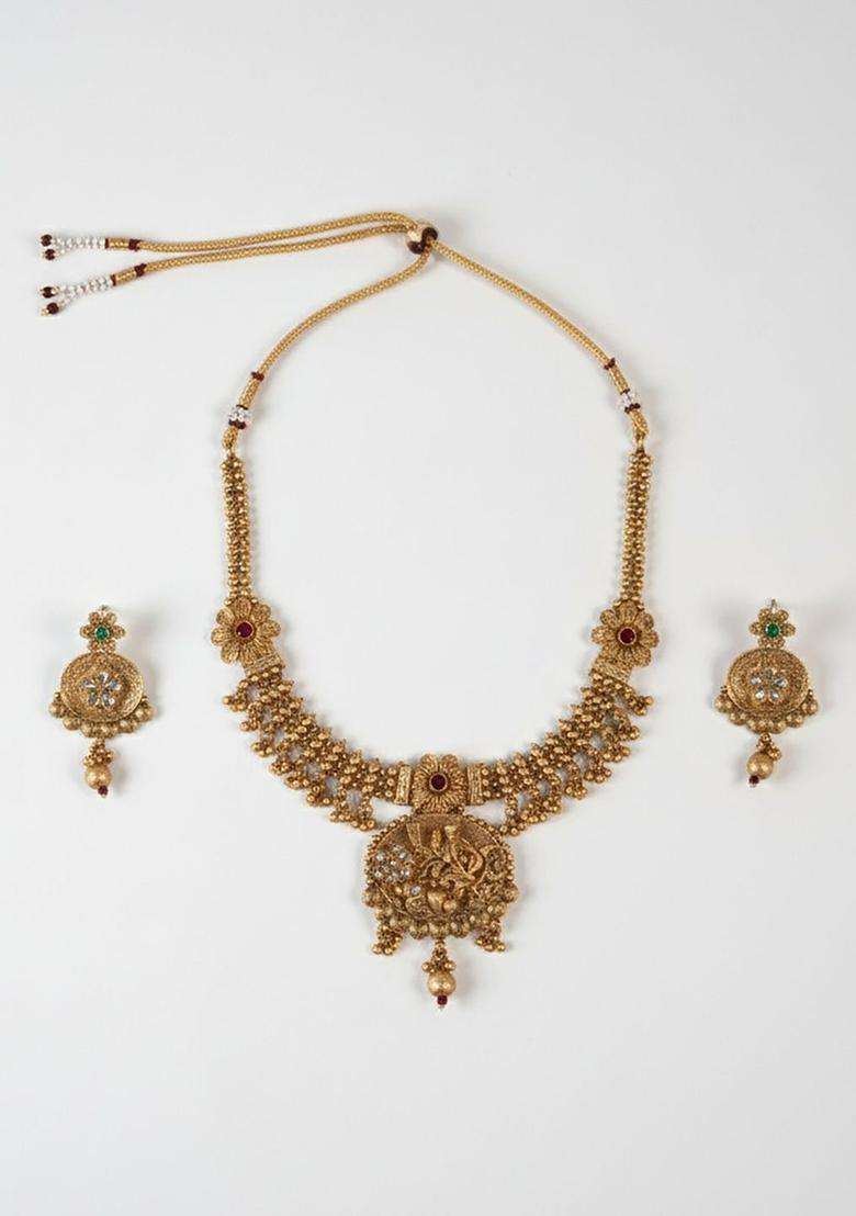 Gold-Plated Cubic Zircon Studded Temple Jewellery Set with CZ Stone for Women | Traditional Temple Jewellery for Wedding & Festive Wear | Gift for Her - Indya