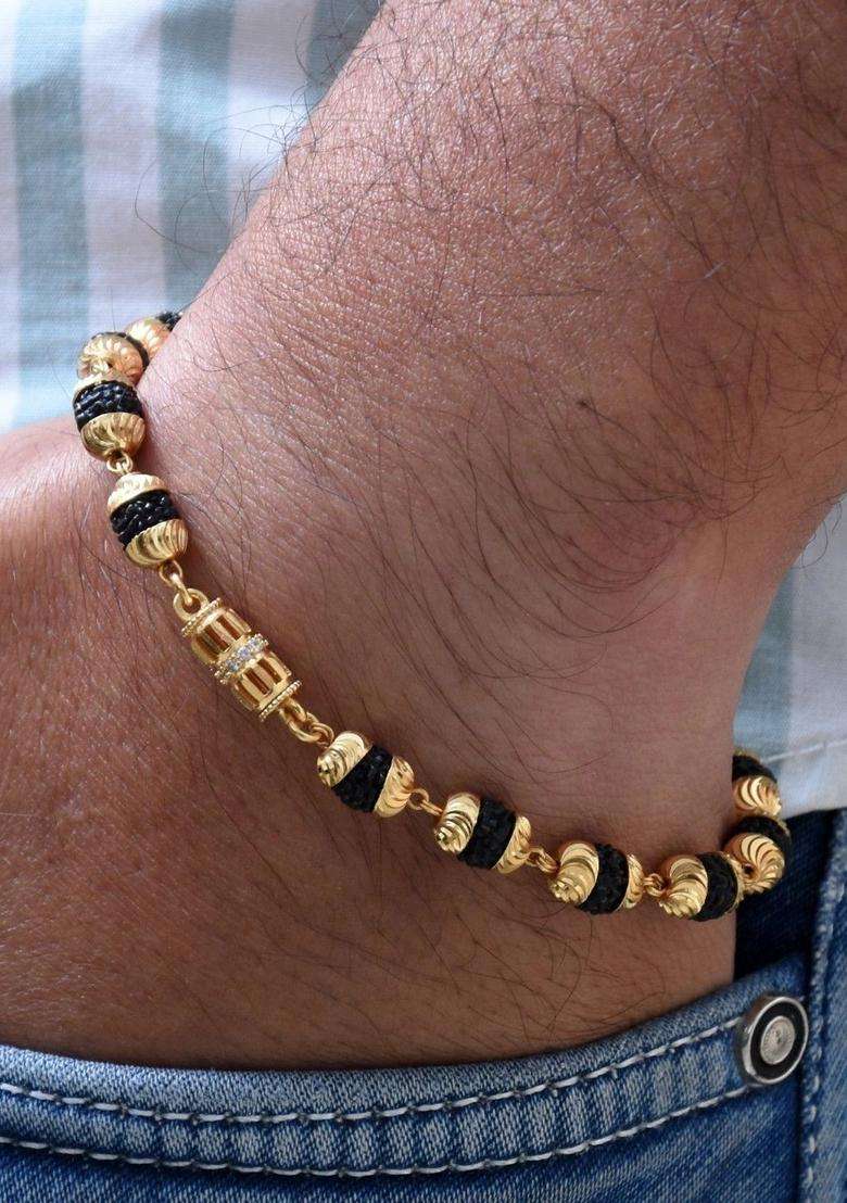 Gold-Plated Artificial Stone Rudraksha Bracelet with American Diamond for Men | Traditional Temple Jewellery for Wedding & Festive Wear | Gift for Him - Indya