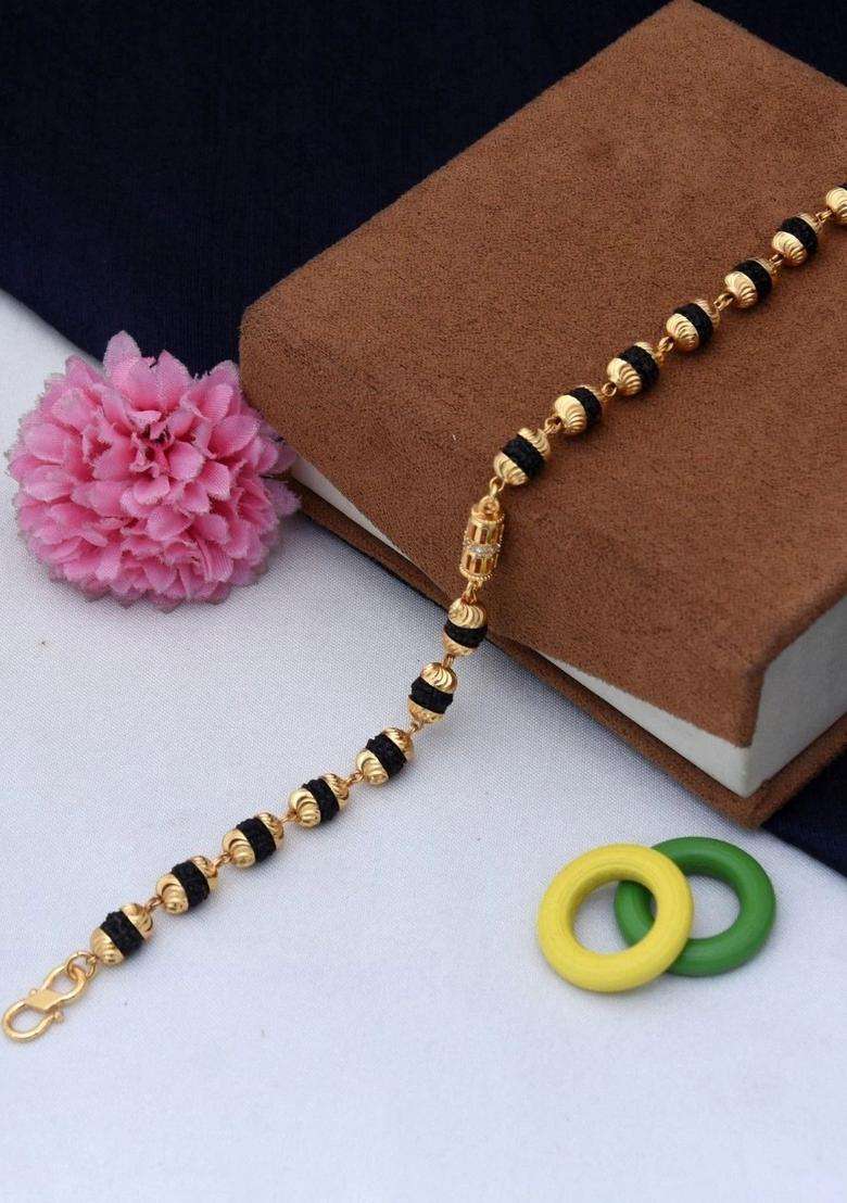 Gold-Plated Artificial Stone Rudraksha Bracelet with American Diamond for Men | Traditional Temple Jewellery for Wedding & Festive Wear | Gift for Him - Indya