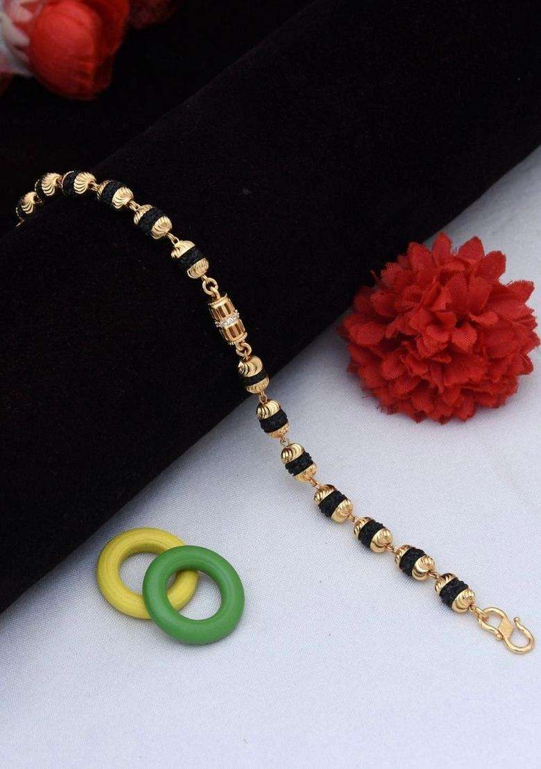 Gold-Plated Artificial Stone Rudraksha Bracelet with American Diamond for Men | Traditional Temple Jewellery for Wedding & Festive Wear | Gift for Him - Indya