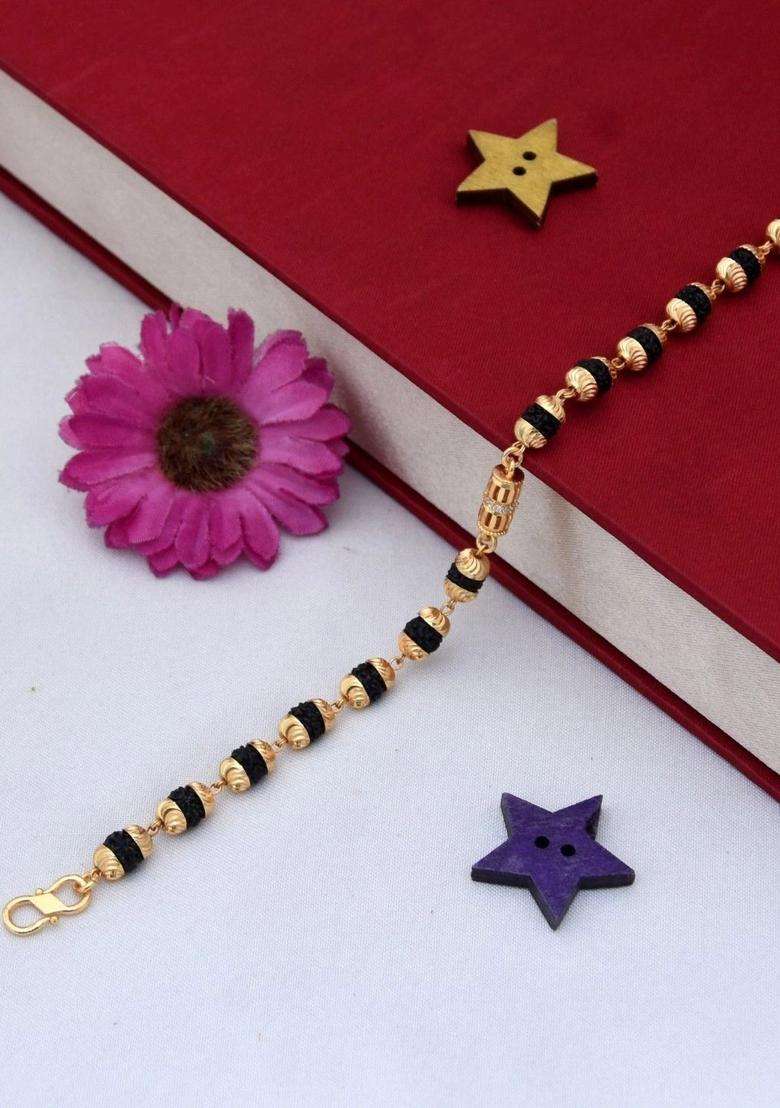 Gold-Plated Artificial Stone Rudraksha Bracelet with American Diamond for Men | Traditional Temple Jewellery for Wedding & Festive Wear | Gift for Him - Indya