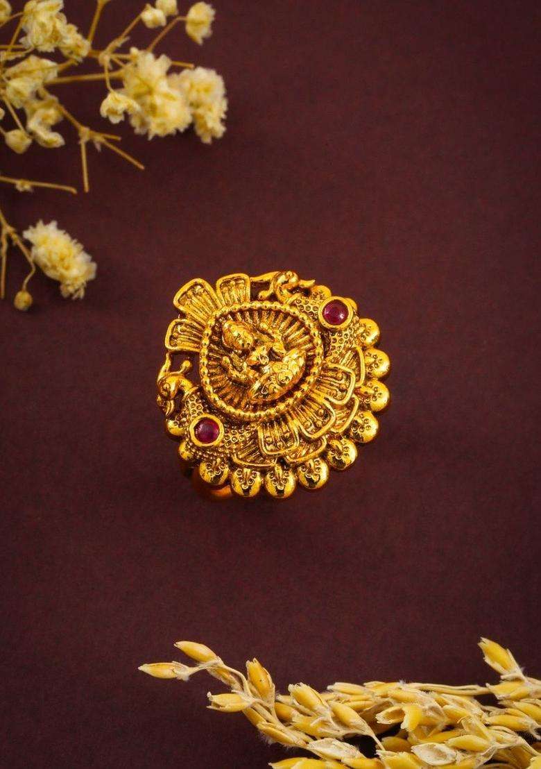 Gold-Plated Stone-Studded Finger Ring for Women | Traditional Temple Jewellery for Wedding & Festive Wear | Gift for Her - Indya