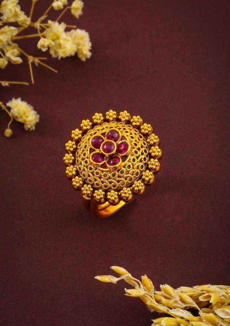Gold-Plated Stone-Studded Finger Ring for Women | Traditional Temple Jewellery for Wedding & Festive Wear | Gift for Her - Indya