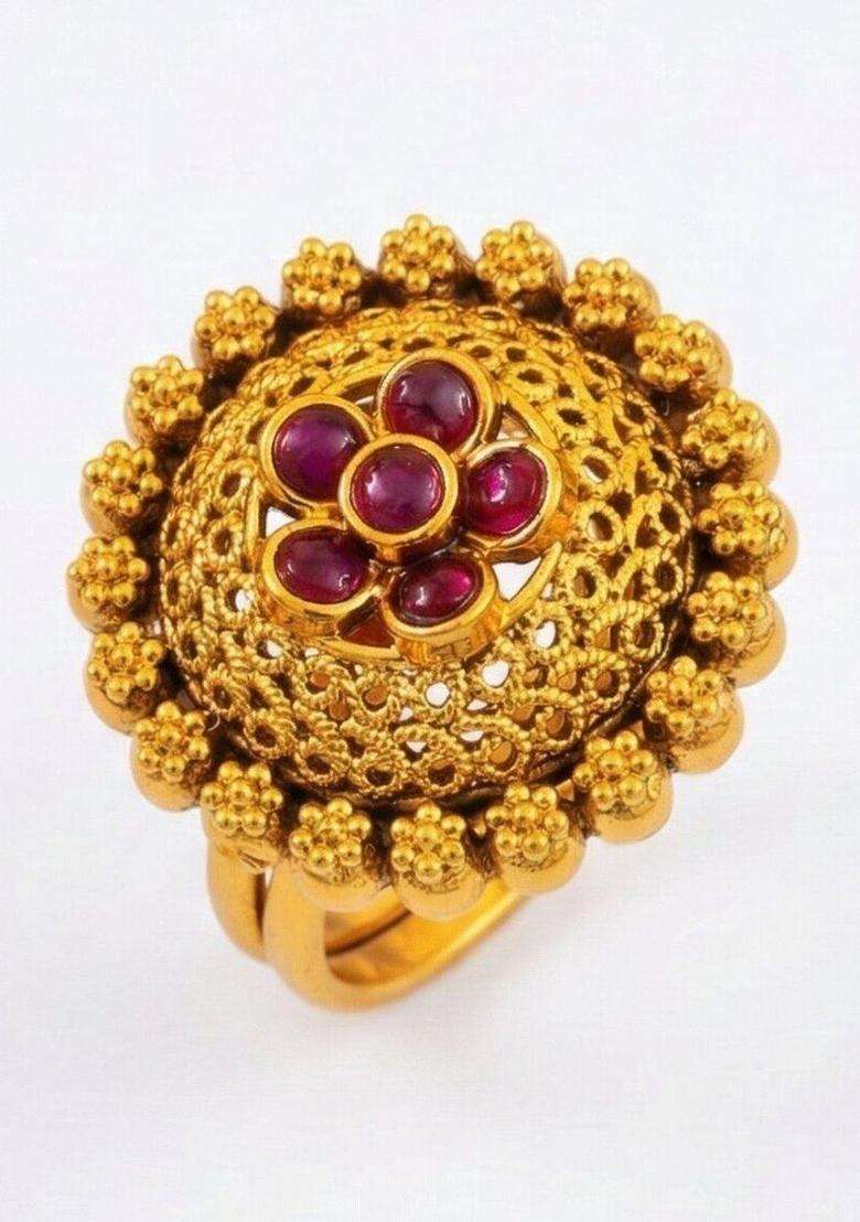 Gold-Plated Stone-Studded Finger Ring for Women | Traditional Temple Jewellery for Wedding & Festive Wear | Gift for Her - Indya