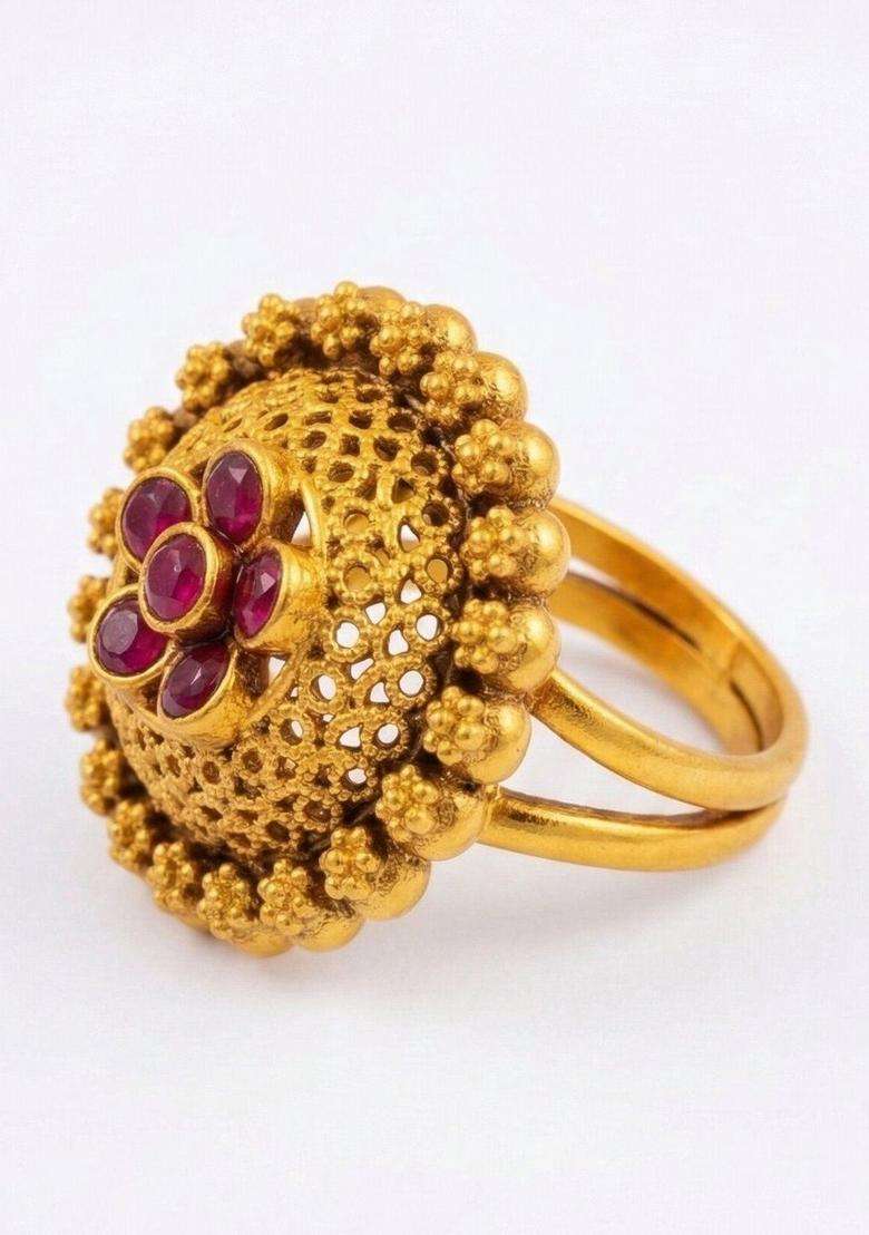 Gold-Plated Stone-Studded Finger Ring for Women | Traditional Temple Jewellery for Wedding & Festive Wear | Gift for Her - Indya