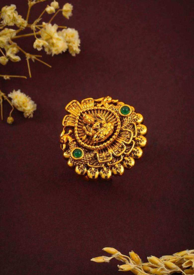 Gold-Plated Stone-Studded Finger Ring for Women | Traditional Temple Jewellery for Wedding & Festive Wear | Gift for Her - Indya