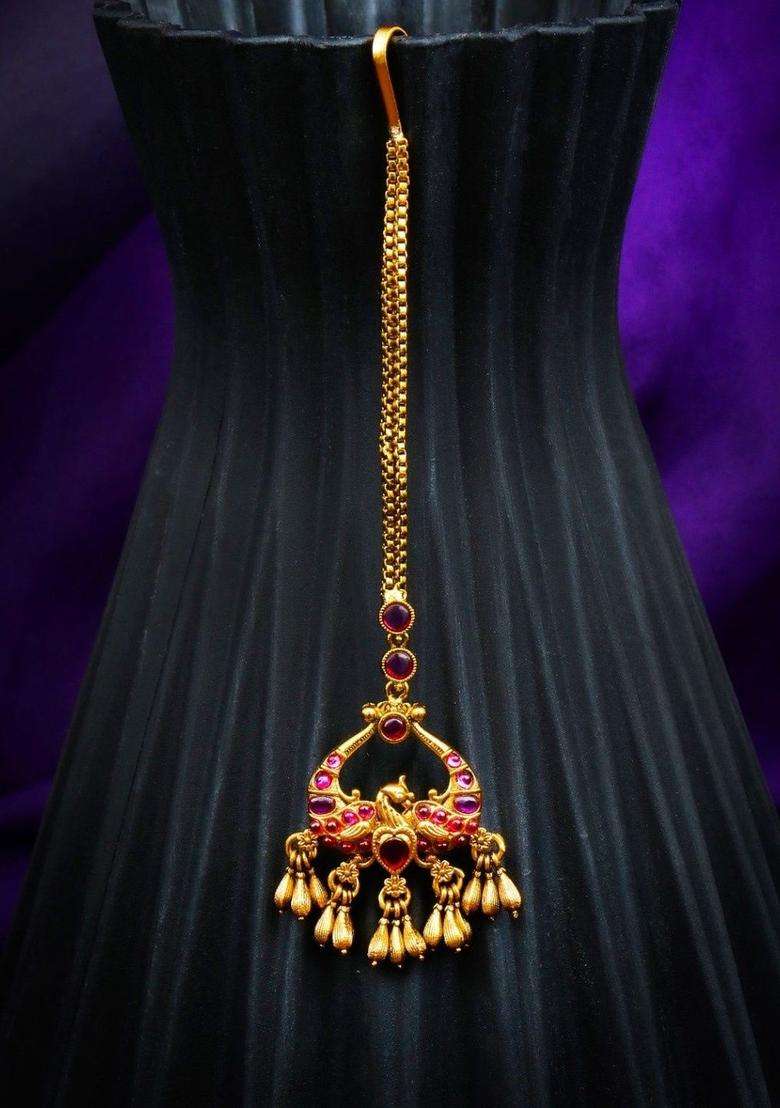 Gold-Plated Artificial Stones and Beads Studded Maang Tikka Head Jewellery for Women | Traditional Temple Jewellery for Wedding & Festive Wear | Gift for Her - Indya