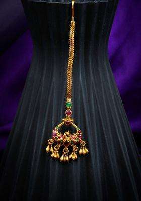 Gold-Plated Artificial Stones and Beads Studded Maang Tikka Head Jewellery for Women | Traditional Temple Jewellery for Wedding & Festive Wear | Gift for Her