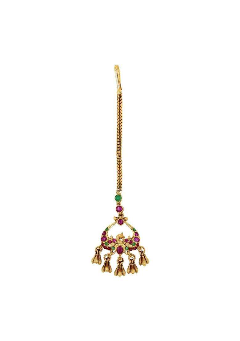Gold-Plated Artificial Stones and Beads Studded Maang Tikka Head Jewellery for Women | Traditional Temple Jewellery for Wedding & Festive Wear | Gift for Her - Indya