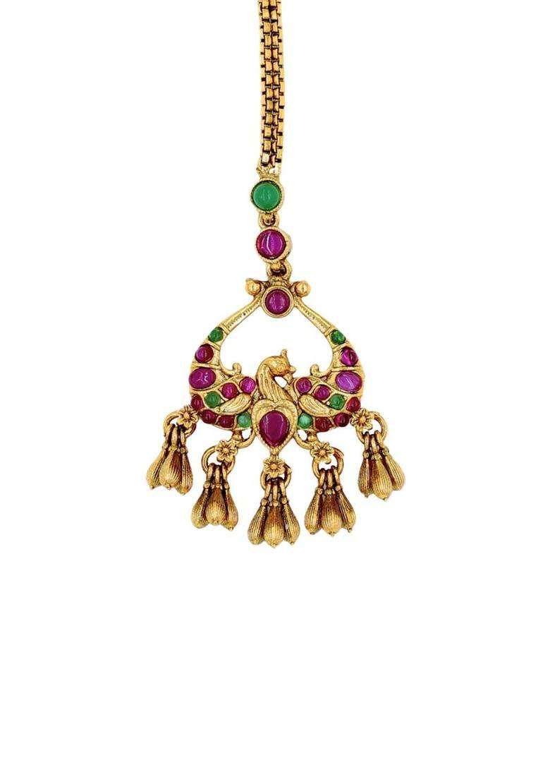 Gold-Plated Artificial Stones and Beads Studded Maang Tikka Head Jewellery for Women | Traditional Temple Jewellery for Wedding & Festive Wear | Gift for Her - Indya