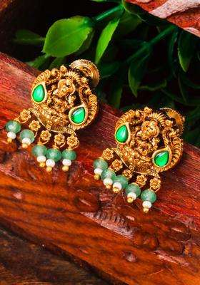 Gold-Plated Stones Studded Temple Teardrop Shaped Drop Earrings for Women | Traditional Temple Jewellery for Wedding & Festive Wear | Gift for Her