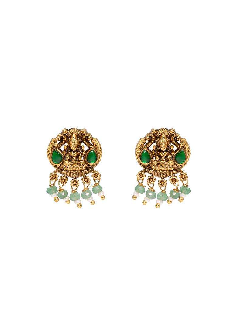 Gold-Plated Stones Studded Temple Teardrop Shaped Drop Earrings for Women | Traditional Temple Jewellery for Wedding & Festive Wear | Gift for Her - Indya