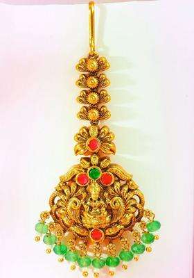 Gold-Plated Artificial Stones & Beaded Maang Tikka Head Jewellery for Women | Traditional Temple Jewellery for Wedding & Festive Wear | Gift for Her