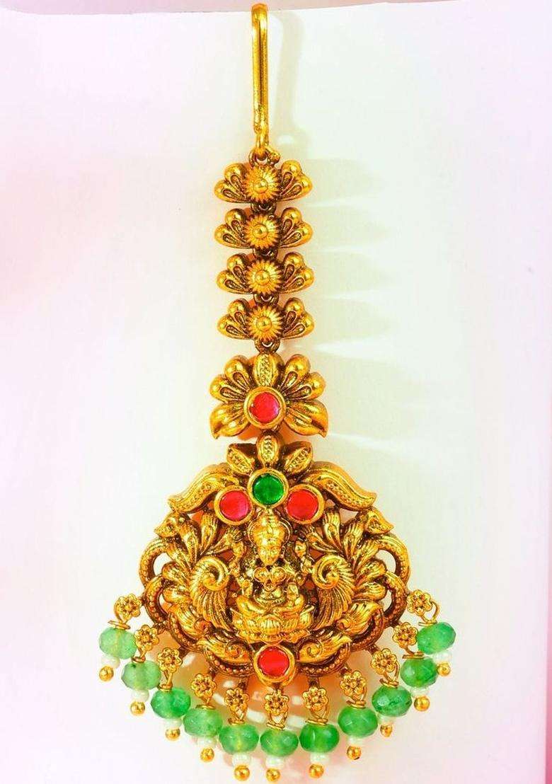 Gold-Plated Artificial Stones & Beaded Maang Tikka Head Jewellery for Women | Traditional Temple Jewellery for Wedding & Festive Wear | Gift for Her - Indya