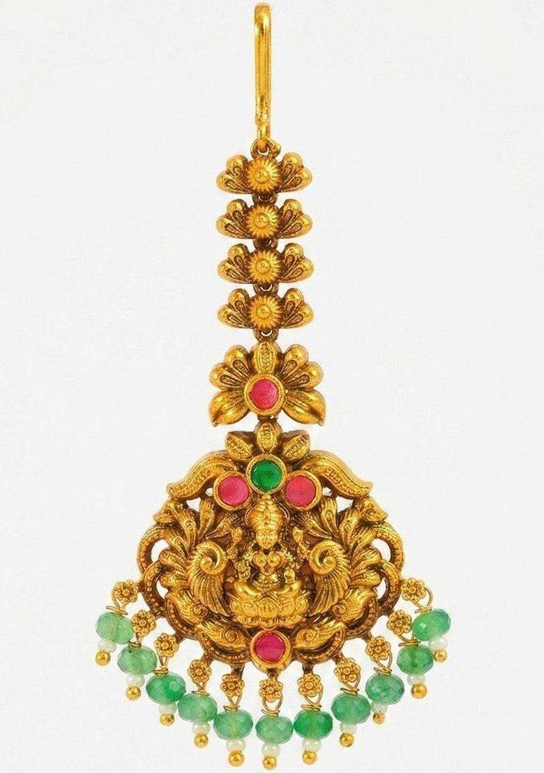 Gold-Plated Artificial Stones & Beaded Maang Tikka Head Jewellery for Women | Traditional Temple Jewellery for Wedding & Festive Wear | Gift for Her - Indya