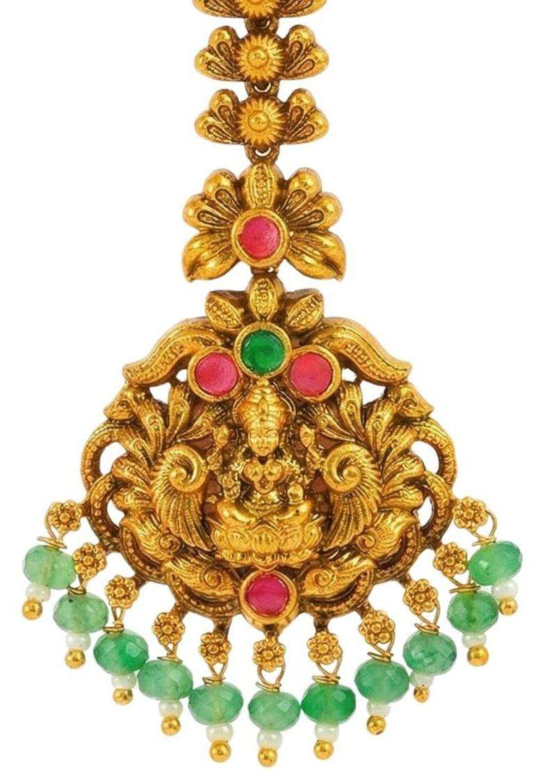 Gold-Plated Artificial Stones & Beaded Maang Tikka Head Jewellery for Women | Traditional Temple Jewellery for Wedding & Festive Wear | Gift for Her - Indya
