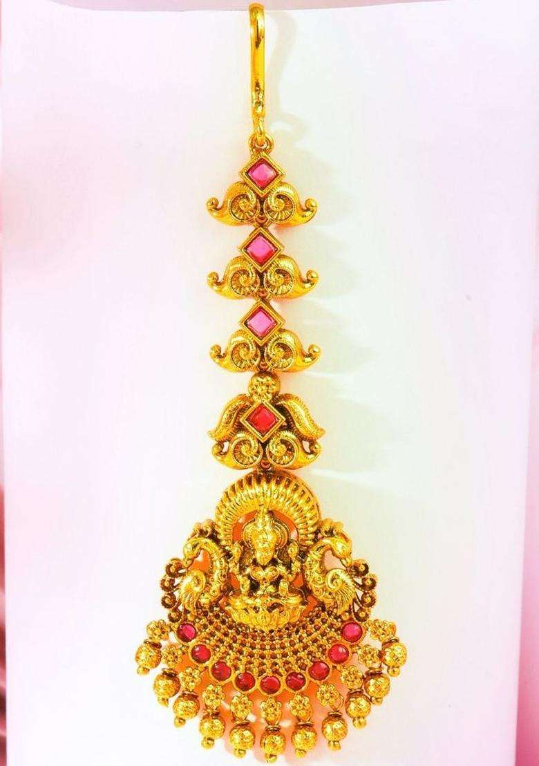Gold-Plated Artificial Stones & Beaded Maang Tikka Head Jewellery for Women | Traditional Temple Jewellery for Wedding & Festive Wear | Gift for Her - Indya