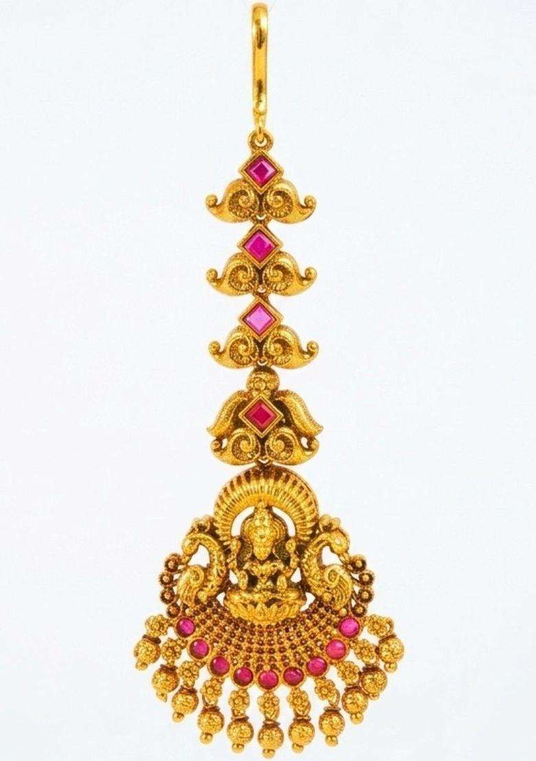 Gold-Plated Artificial Stones & Beaded Maang Tikka Head Jewellery for Women | Traditional Temple Jewellery for Wedding & Festive Wear | Gift for Her - Indya